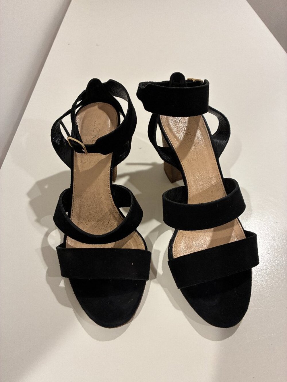 J.Crew Black Suede Ankle Strap Block Heel Sandals 7.5 Made in Italy